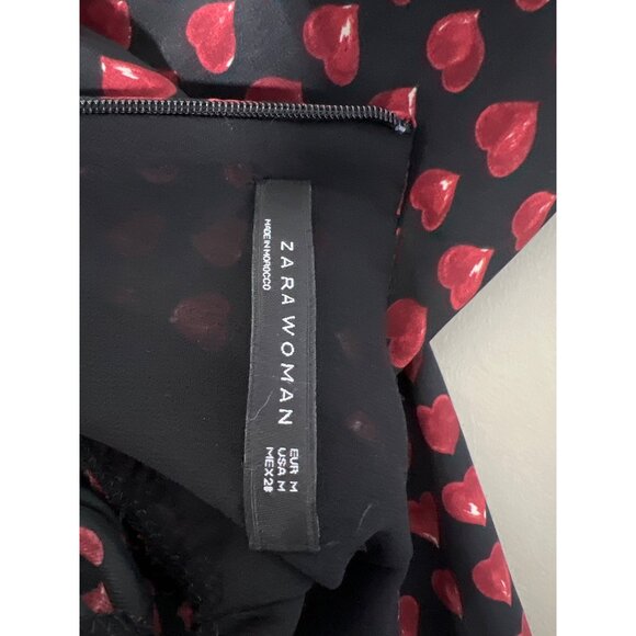 Zara Mini Dress Size Medium A Line Babydoll Black Red Long Sleeve Heart Print - Picture 4 of 10
